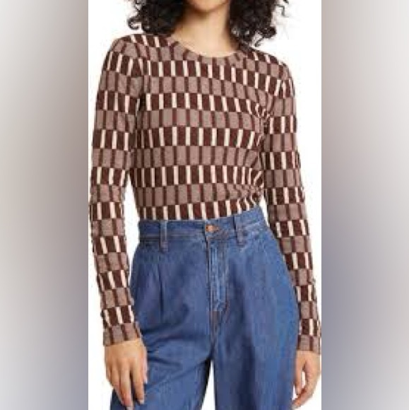 Madewell Brown and Cream Fine Ribbed Supercrop Crewneck Long-Sleeve Tee - Picture 1 of 9